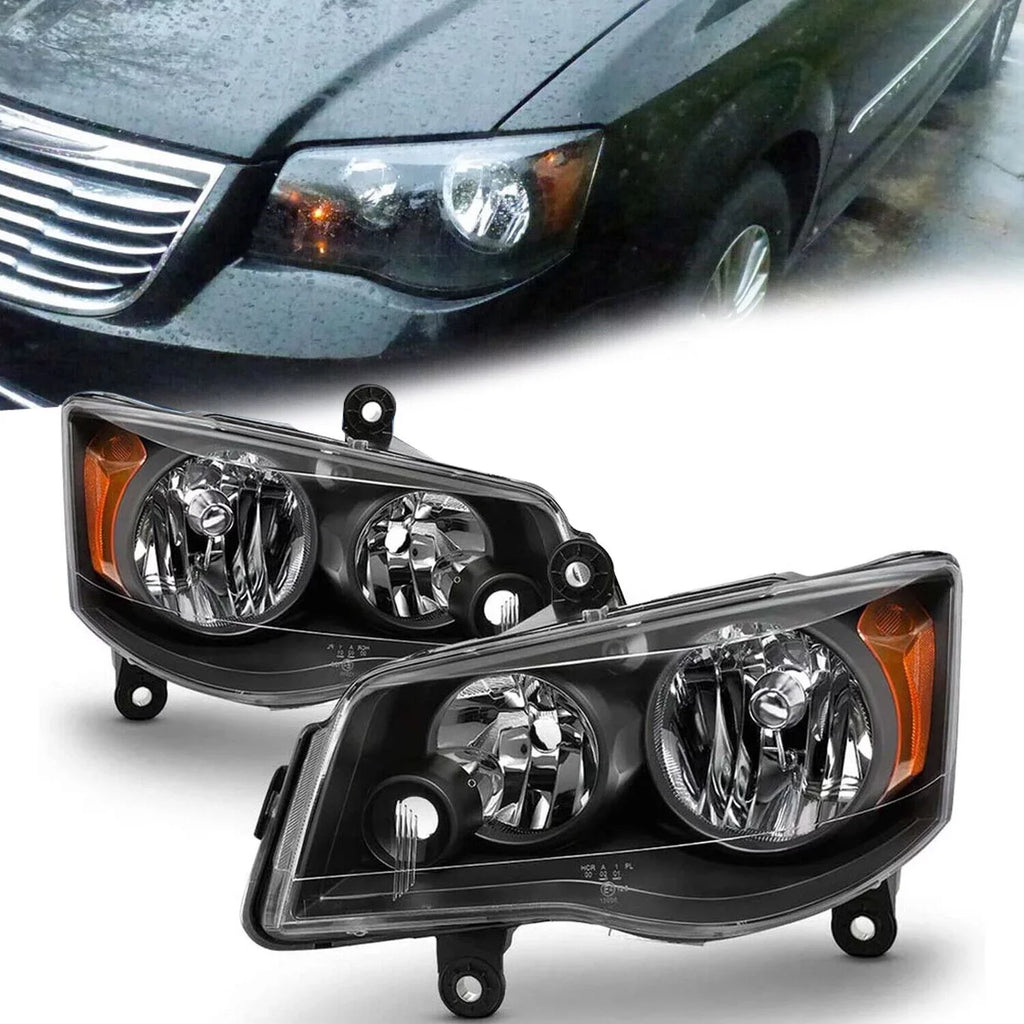 Town Headlamps (Driver Pair 2008-2016 Dodge Kojem Housing Headlights 2011-2020 & Passenger) Black Grand Caravan for Chrysler Country