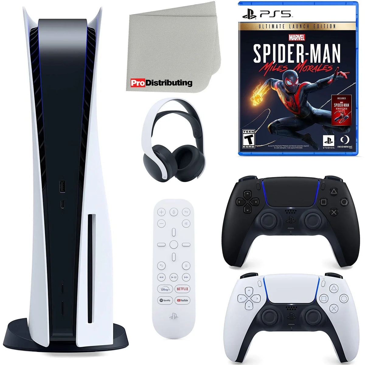 (Sony Ultimate PS5 and Cleaning Disc Playstation Midnight Edition Disc) Media Spider-Man: Bundle Miles Extra with Cloth Microfiber Version 5 Launch Controller, Remote, Headset, Morales Sony Black
