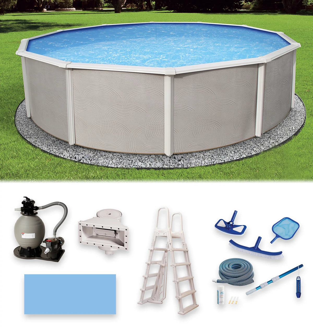 Deep Wall Round Metal Top Swimming 6-in Pool Package 27-ft Belize 52-in Rail