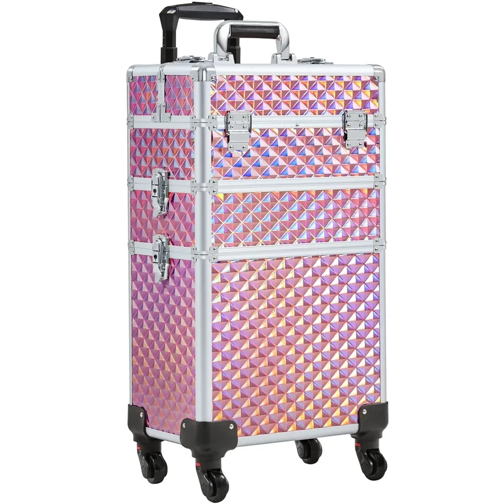 Topeakmart Train Large Trolley 3-in-1 Storage, Pink Case Cosmetic Makeup Rolling with