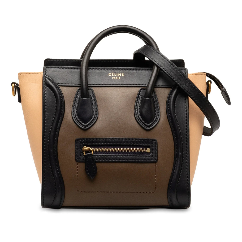 Tote (Good) Satchel Tricolor Luggage Unisex Calf Celine Authenticated Leather Brown Nano Pre-Owned