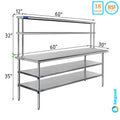 Prep | Shelves | Work Metal Overshelf Kitchen Table Tier Table Wide 12" With Two Steel 30" & Shelving 60" Combo x Double Stainless