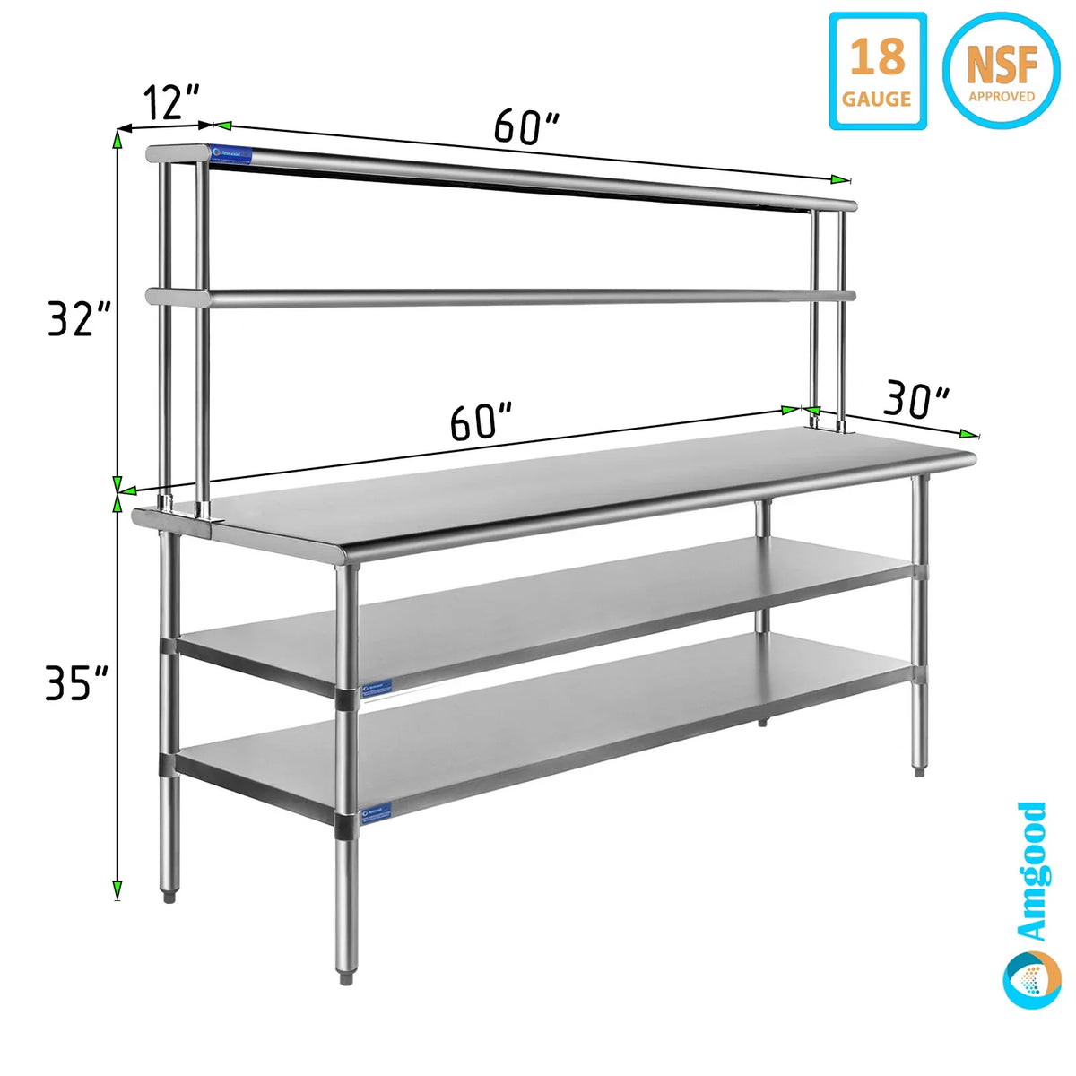 Prep | Shelves | Work Metal Overshelf Kitchen Table Tier Table Wide 12" With Two Steel 30" & Shelving 60" Combo x Double Stainless