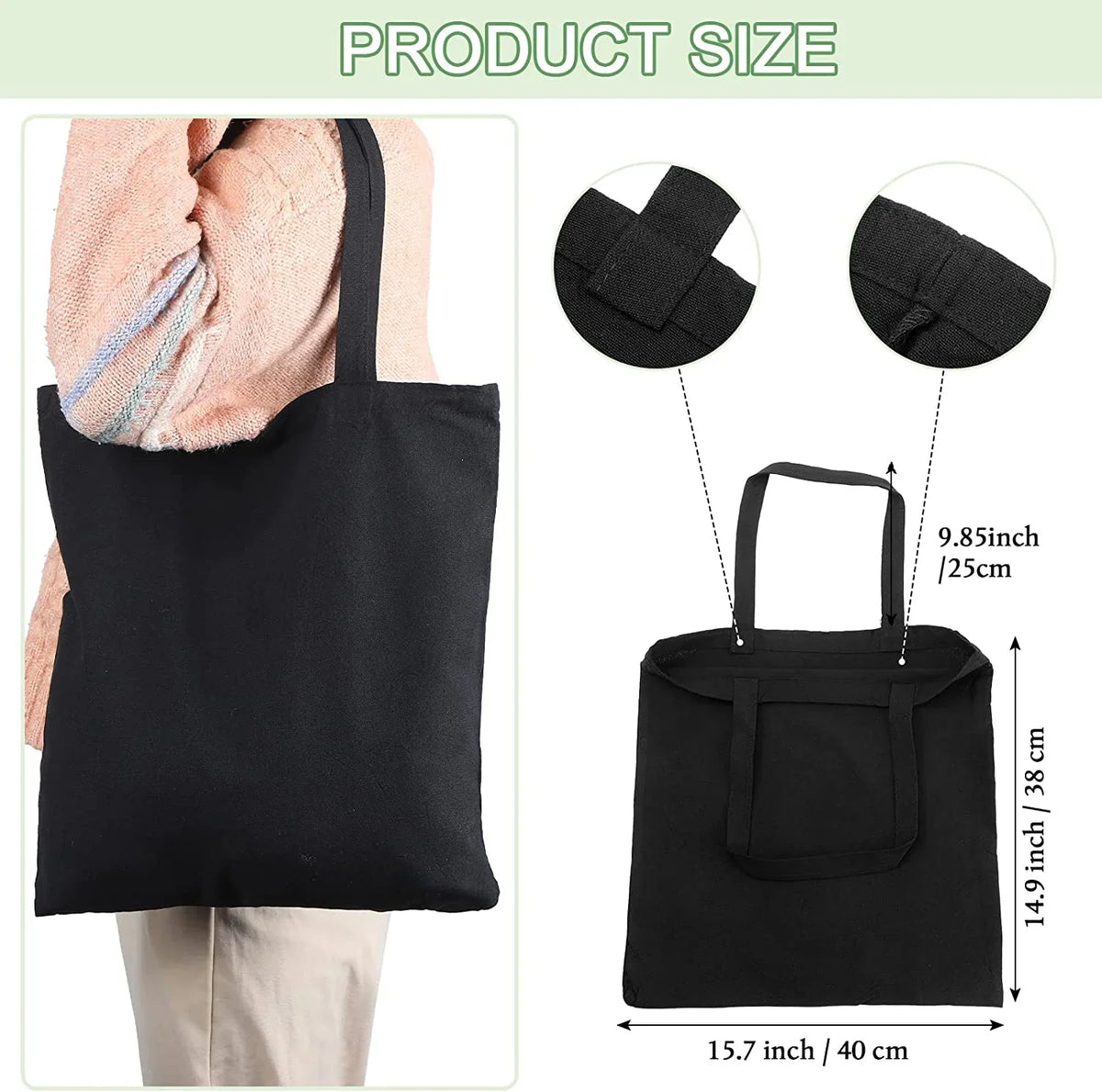 Pcs Bags Canvas Bulk Craft 60 Cloth Tote Bags DIY Reusable Grocery Handles with Gift for Cotton (Black)