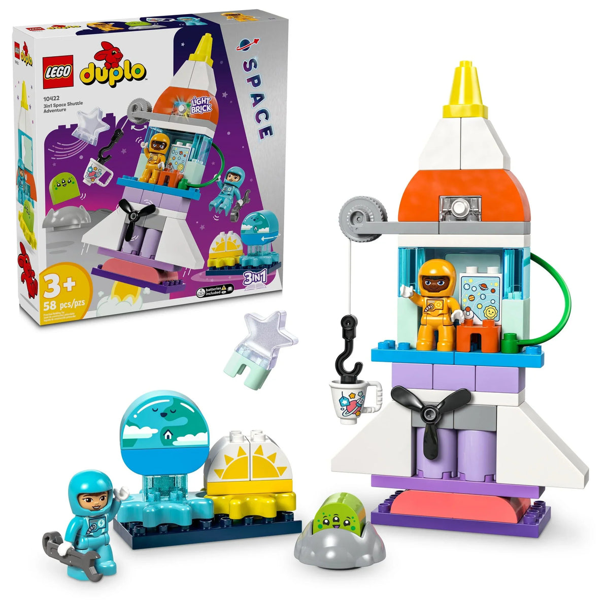 Educational Skills, Fine 3-Year-Olds DUPLO in Ship Space Adventure Rocket 10422 1 LEGO for Learning Discovery and Toy 3 Motor Kids’ Develops Set, Shuttle Preschool Kids Up, Building Space and