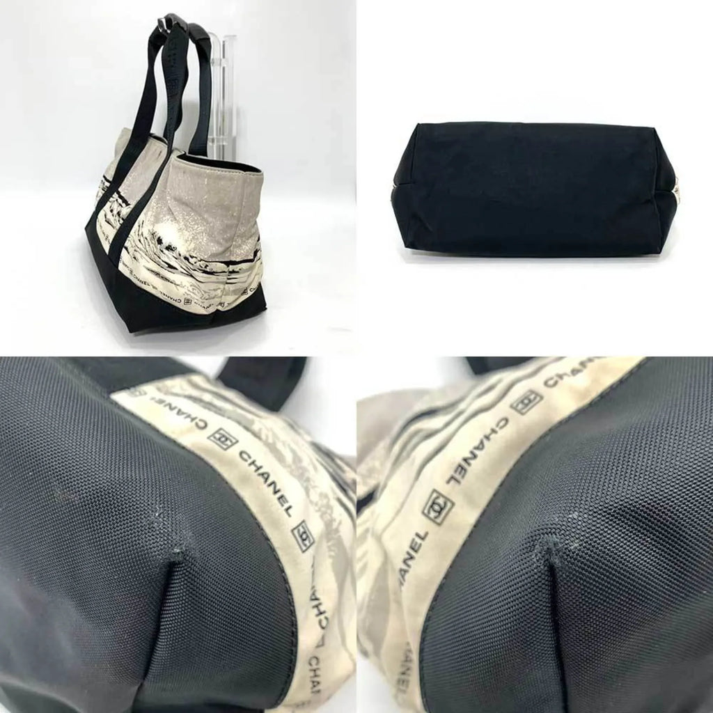 CHANEL Handbag Gray Pattern Line Tote Summer Canvas Bag Nylon High Horizontal Ladies Black x Pre-Owned Sports (Fair) Men's Wave