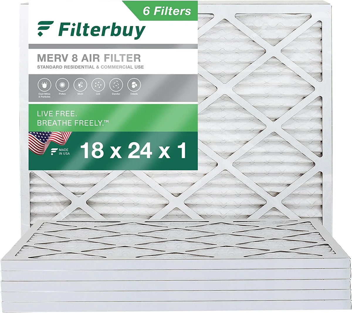 Filterbuy (6-Pack) HVAC 18x24x1 Furnace Air AC Pleated 8 Filters MERV