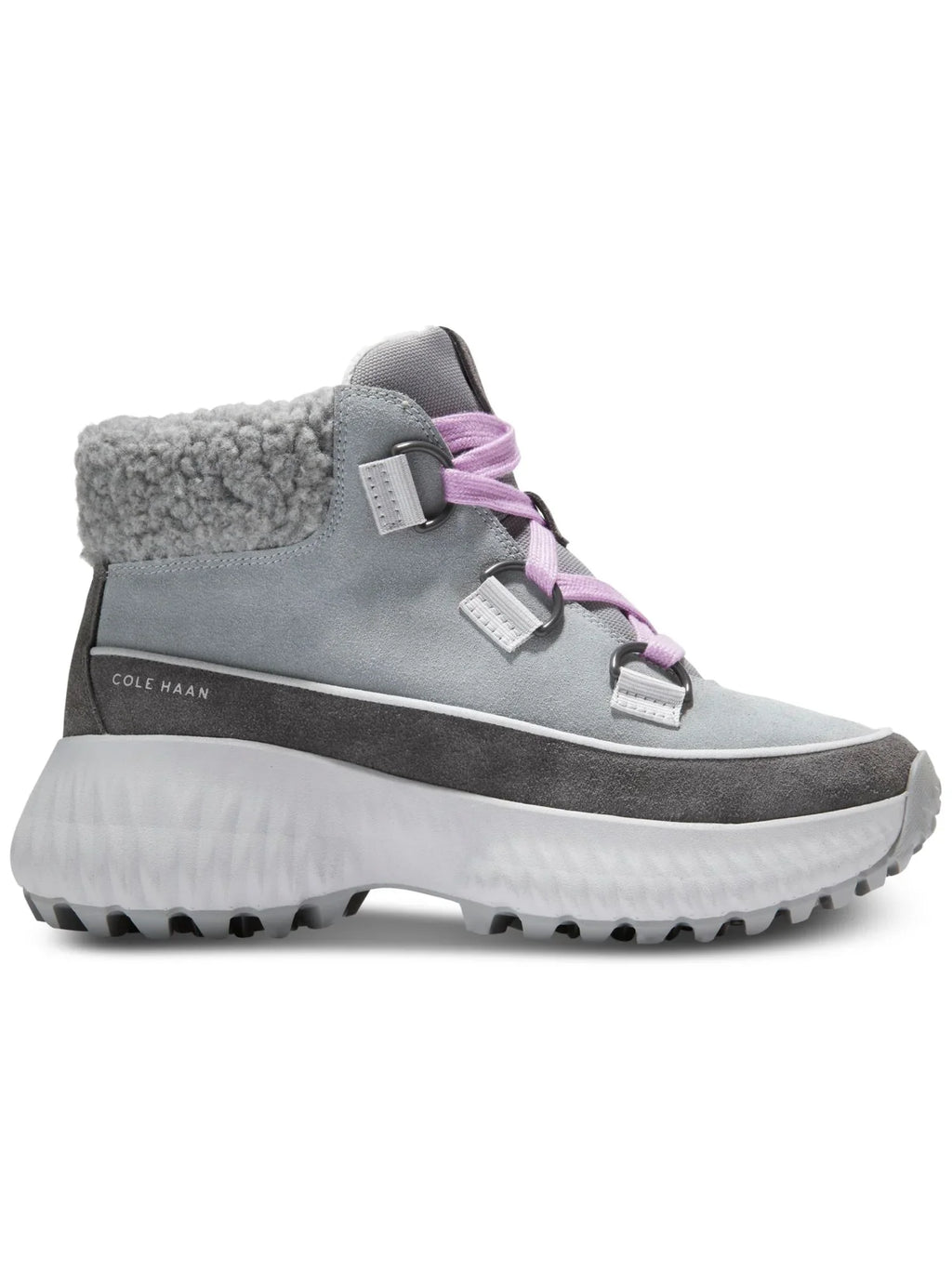 Waterproof Womens Gray Hiking Round Wedge Boots COLE Leather B Cuff Faux Toe Flurry Zerogrand Shearling 5 Lace-Up Cushioned HAAN