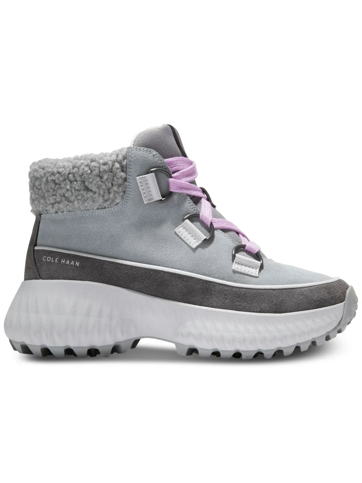 Waterproof Womens Gray Hiking Round Wedge Boots COLE Leather B Cuff Faux Toe Flurry Zerogrand Shearling 5 Lace-Up Cushioned HAAN