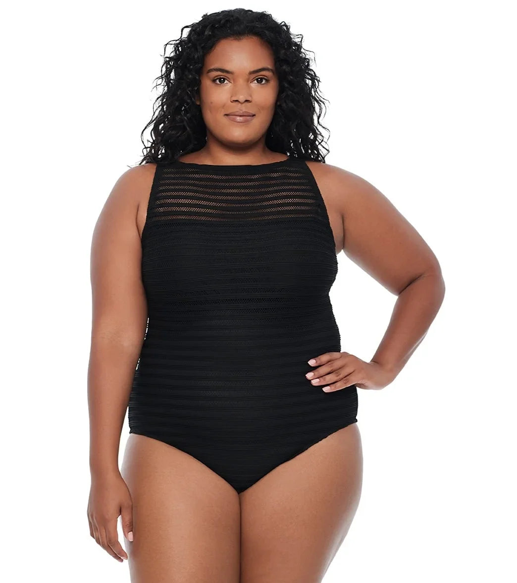 Ottoman US 20W Plus Boatneck Size Ralph BLACK Swimsuit, Lauren One Piece