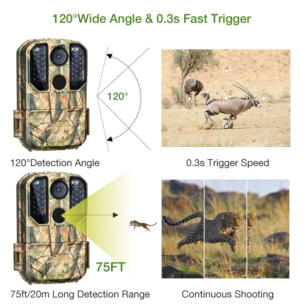 Infrared Trail Cam Game WiFi IP66 Hunting Bluetooth Night Outdoor 20MP Trail Camera Wildlife 1296P CAMPARK 65FT Waterproof Deer Vision Camera